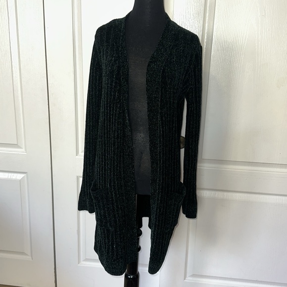 MATTY M DARK GREEN CHENILLE OPEN FRONT LONG CARDIGAN COZY - Picture 1 of 5